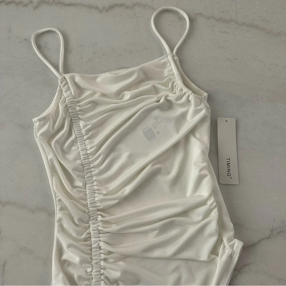 F21 BODYSUIT ✨ Bundle 2 bodysuit white tan ruching thin strap sexy nwt tank s - Picture 5 of 6
